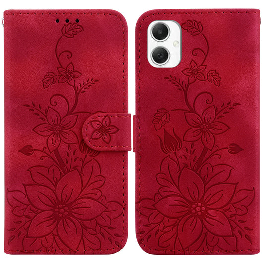 For Samsung Galaxy A06 Case Lily Flower Imprint Leather Phone Cover with Stand - Red