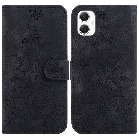 For Samsung Galaxy A06 Case Lily Flower Imprint Leather Phone Cover with Stand - Black