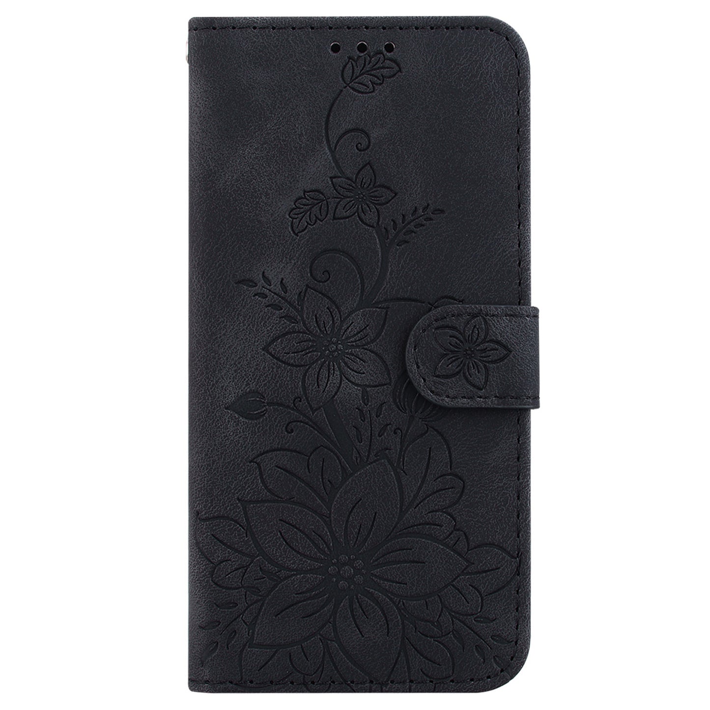 For Samsung Galaxy A06 Case Lily Flower Imprint Leather Phone Cover with Stand - Black