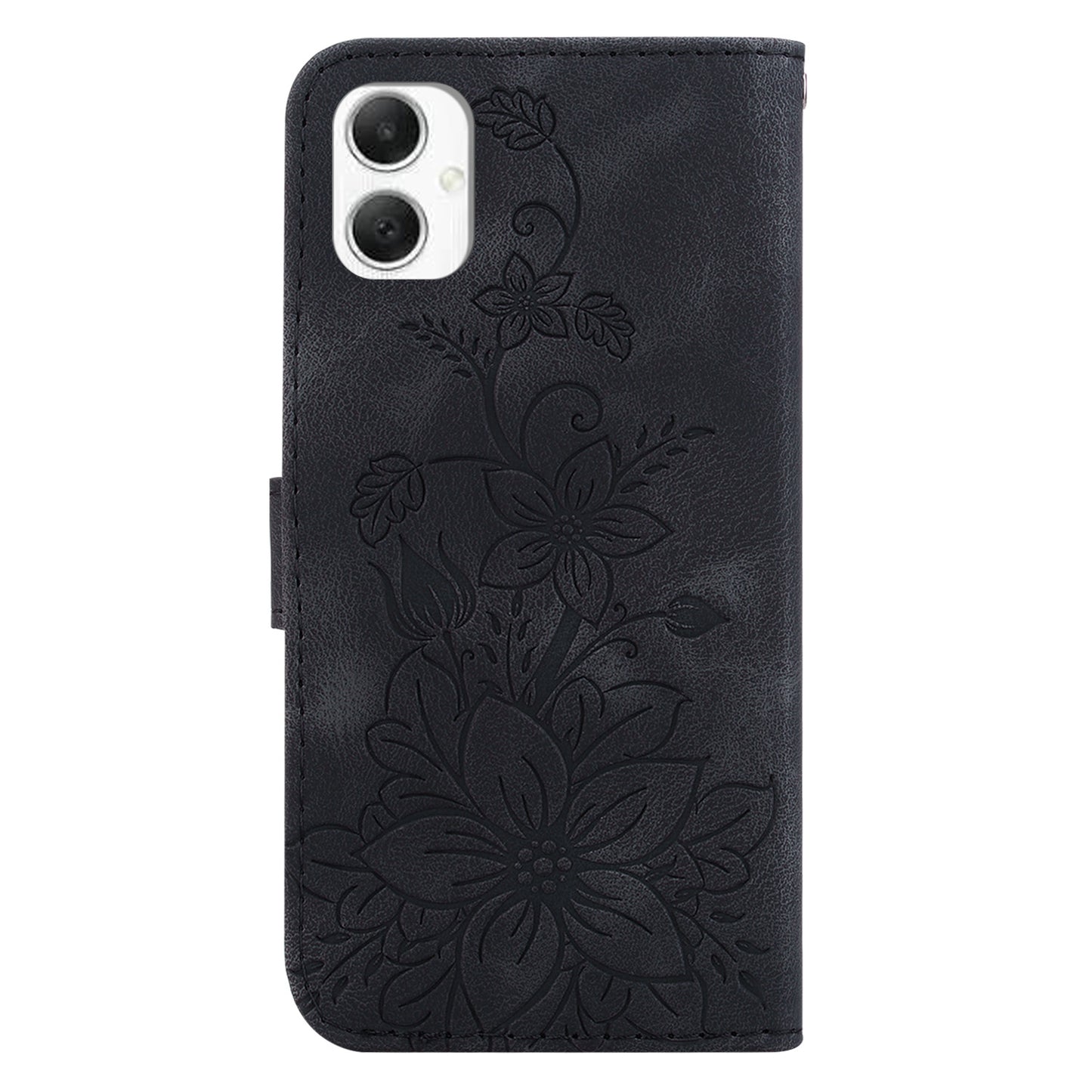For Samsung Galaxy A06 Case Lily Flower Imprint Leather Phone Cover with Stand - Black