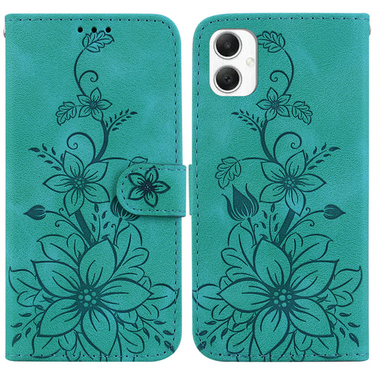For Samsung Galaxy A06 Case Lily Flower Imprint Leather Phone Cover with Stand - Green