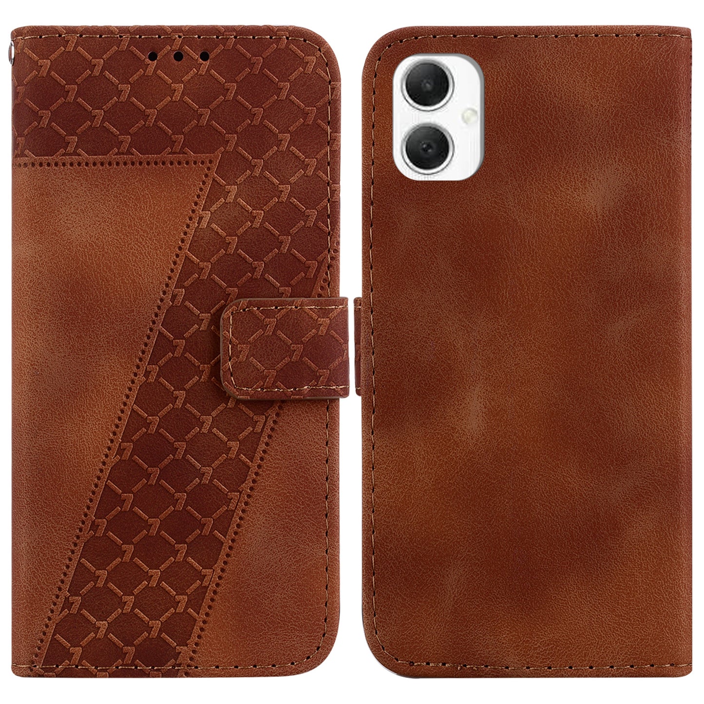 For Samsung Galaxy A06 Stand Case 7-Shaped Pattern Imprint Leather Phone Cover - Brown
