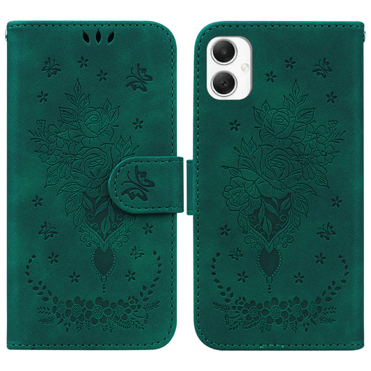 For Samsung Galaxy A06 Case PU Leather Wallet Phone Cover Butterfly Flower Imprint - Green