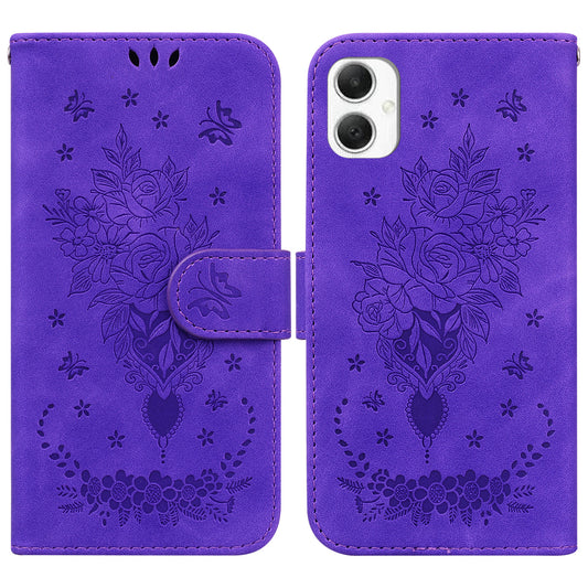 For Samsung Galaxy A06 Case PU Leather Wallet Phone Cover Butterfly Flower Imprint - Purple