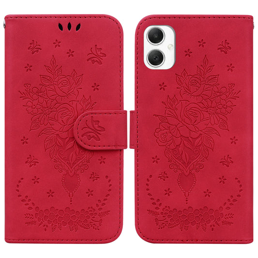 For Samsung Galaxy A06 Case PU Leather Wallet Phone Cover Butterfly Flower Imprint - Red