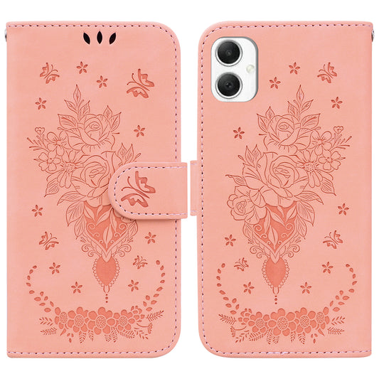 For Samsung Galaxy A06 Case PU Leather Wallet Phone Cover Butterfly Flower Imprint - Pink