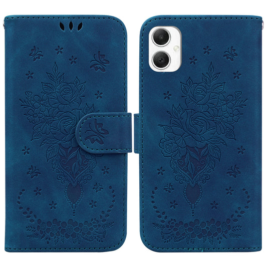 For Samsung Galaxy A06 Case PU Leather Wallet Phone Cover Butterfly Flower Imprint - Blue