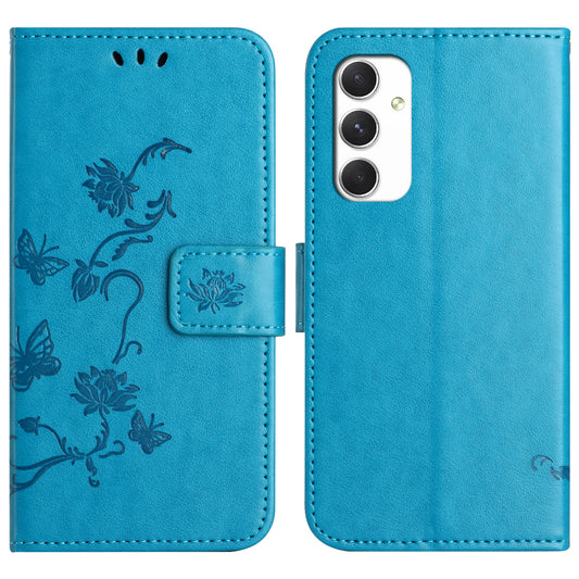 For Samsung Galaxy A16 5G / A16 4G Case Wallet Stand Imprinted Butterfly Flower PU Leather Phone Cover - Blue