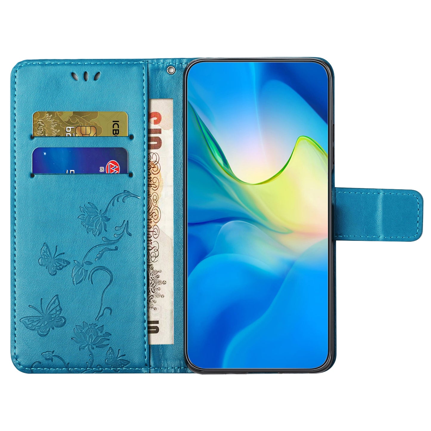 For Samsung Galaxy A16 5G / A16 4G Case Wallet Stand Imprinted Butterfly Flower PU Leather Phone Cover - Blue