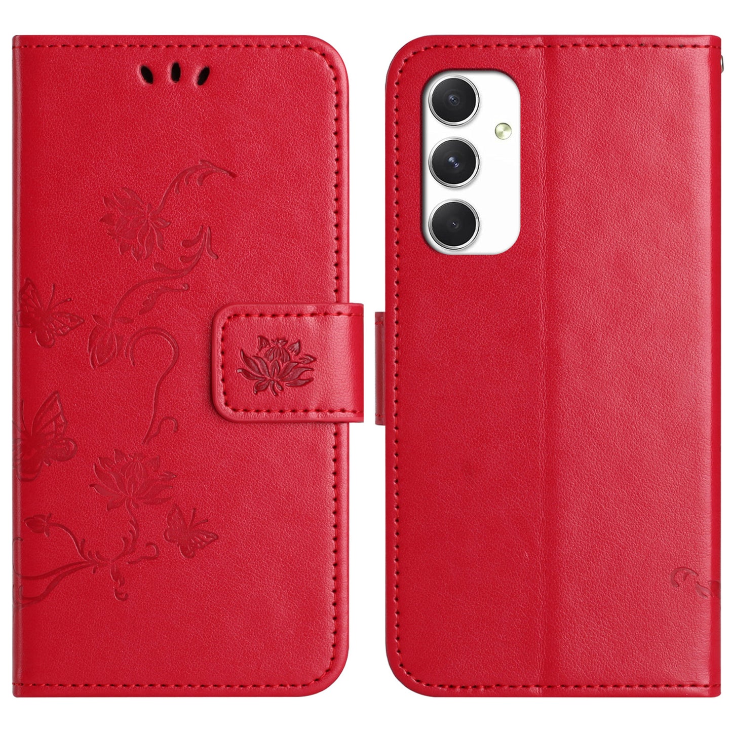 For Samsung Galaxy A16 5G / A16 4G Case Wallet Stand Imprinted Butterfly Flower PU Leather Phone Cover - Red