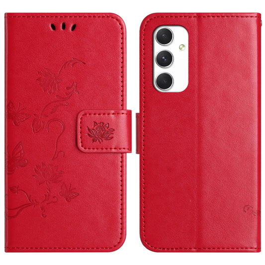 For Samsung Galaxy A16 5G / A16 4G Case Wallet Stand Imprinted Butterfly Flower PU Leather Phone Cover - Red