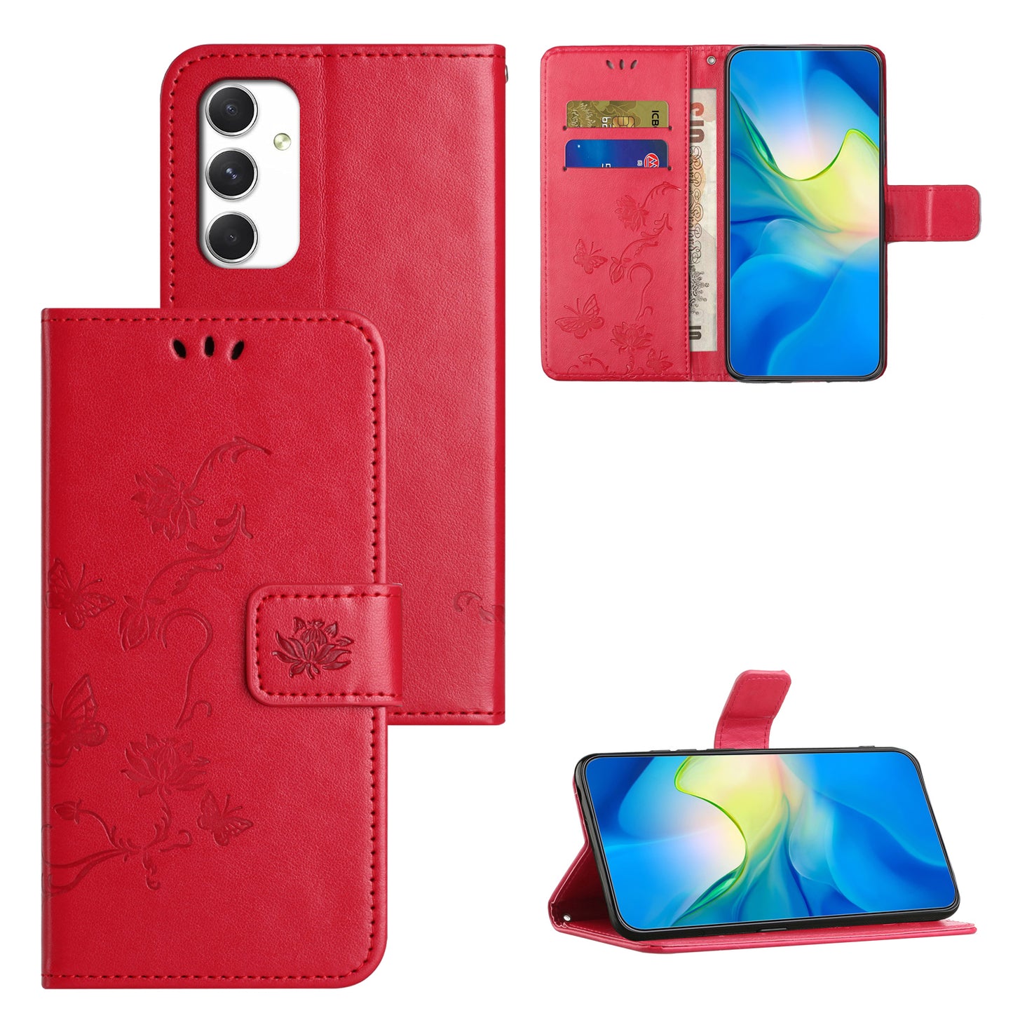 For Samsung Galaxy A16 5G / A16 4G Case Wallet Stand Imprinted Butterfly Flower PU Leather Phone Cover - Red