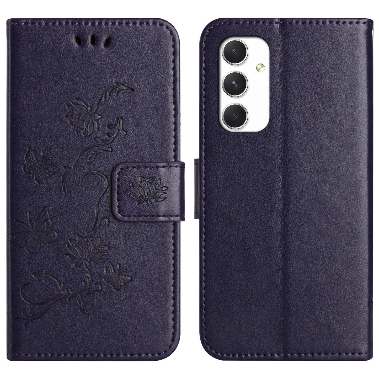 For Samsung Galaxy A16 5G / A16 4G Case Wallet Stand Imprinted Butterfly Flower PU Leather Phone Cover - Dark Purple