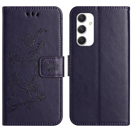 For Samsung Galaxy A16 5G / A16 4G Case Wallet Stand Imprinted Butterfly Flower PU Leather Phone Cover - Dark Purple