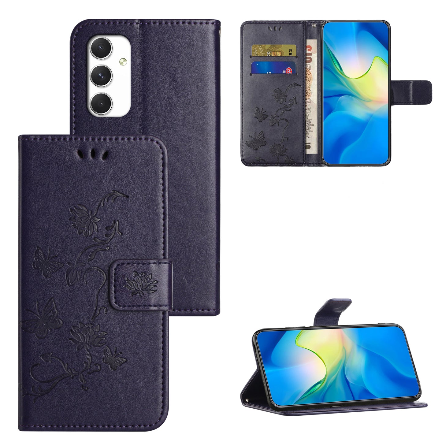 For Samsung Galaxy A16 5G / A16 4G Case Wallet Stand Imprinted Butterfly Flower PU Leather Phone Cover - Dark Purple