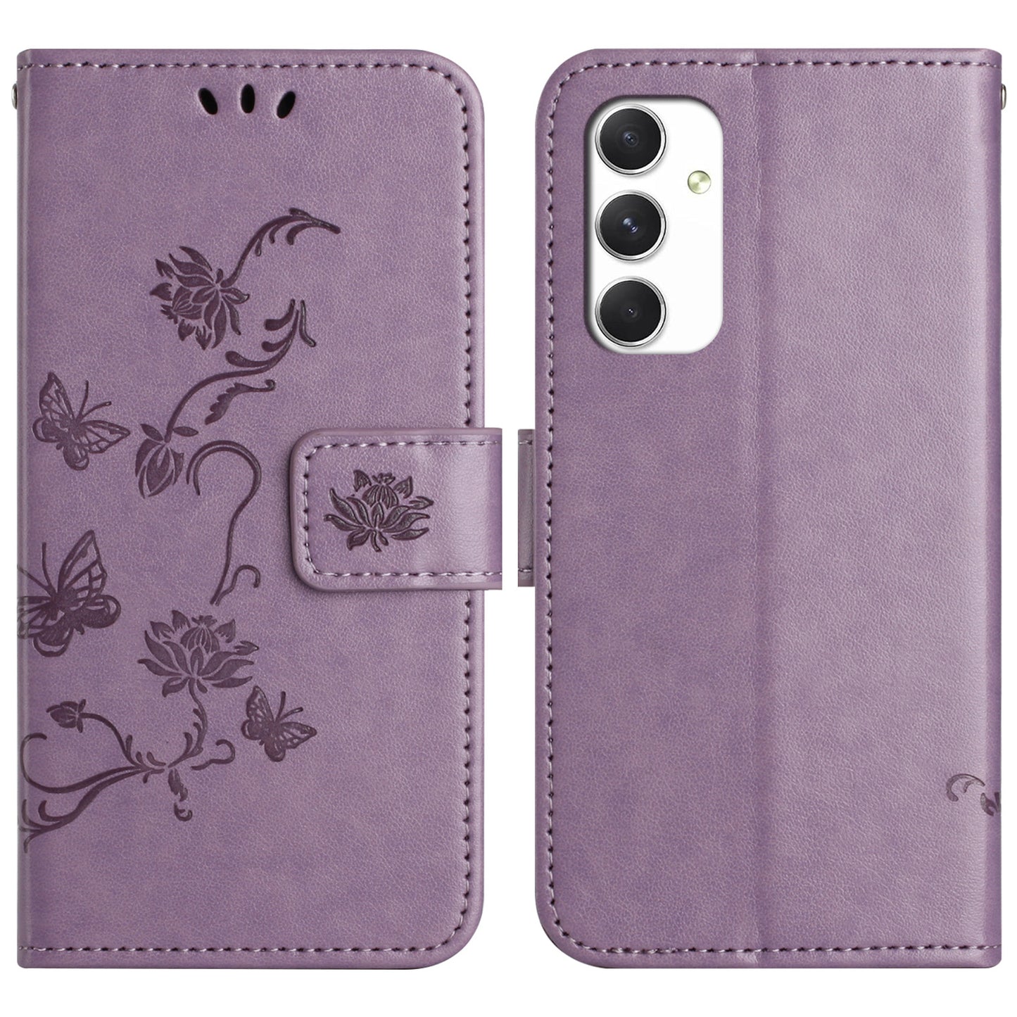 For Samsung Galaxy A16 5G / A16 4G Case Wallet Stand Imprinted Butterfly Flower PU Leather Phone Cover - Purple