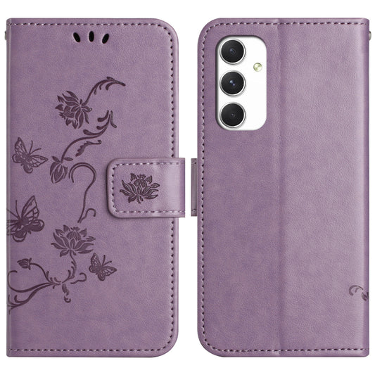 For Samsung Galaxy A16 5G / A16 4G Case Wallet Stand Imprinted Butterfly Flower PU Leather Phone Cover - Purple