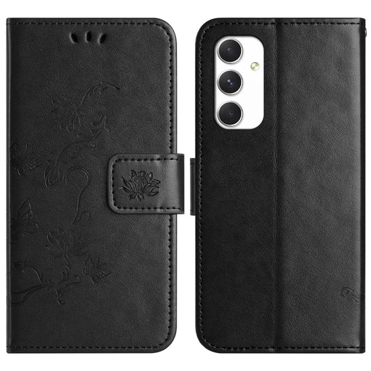 For Samsung Galaxy A16 5G / A16 4G Case Wallet Stand Imprinted Butterfly Flower PU Leather Phone Cover - Black