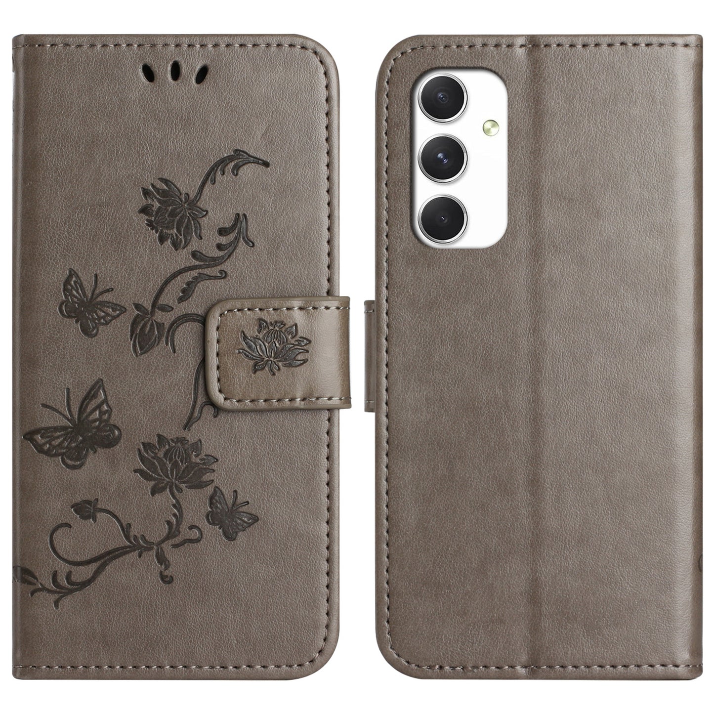For Samsung Galaxy A16 5G / A16 4G Case Wallet Stand Imprinted Butterfly Flower PU Leather Phone Cover - Grey