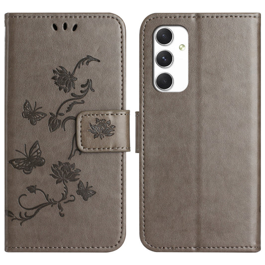 For Samsung Galaxy A16 5G / A16 4G Case Wallet Stand Imprinted Butterfly Flower PU Leather Phone Cover - Grey