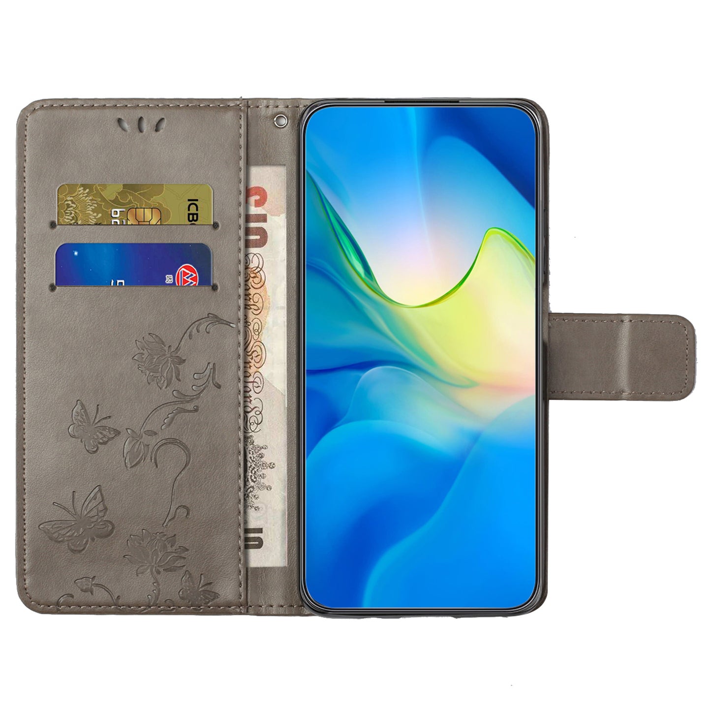 For Samsung Galaxy A16 5G / A16 4G Case Wallet Stand Imprinted Butterfly Flower PU Leather Phone Cover - Grey