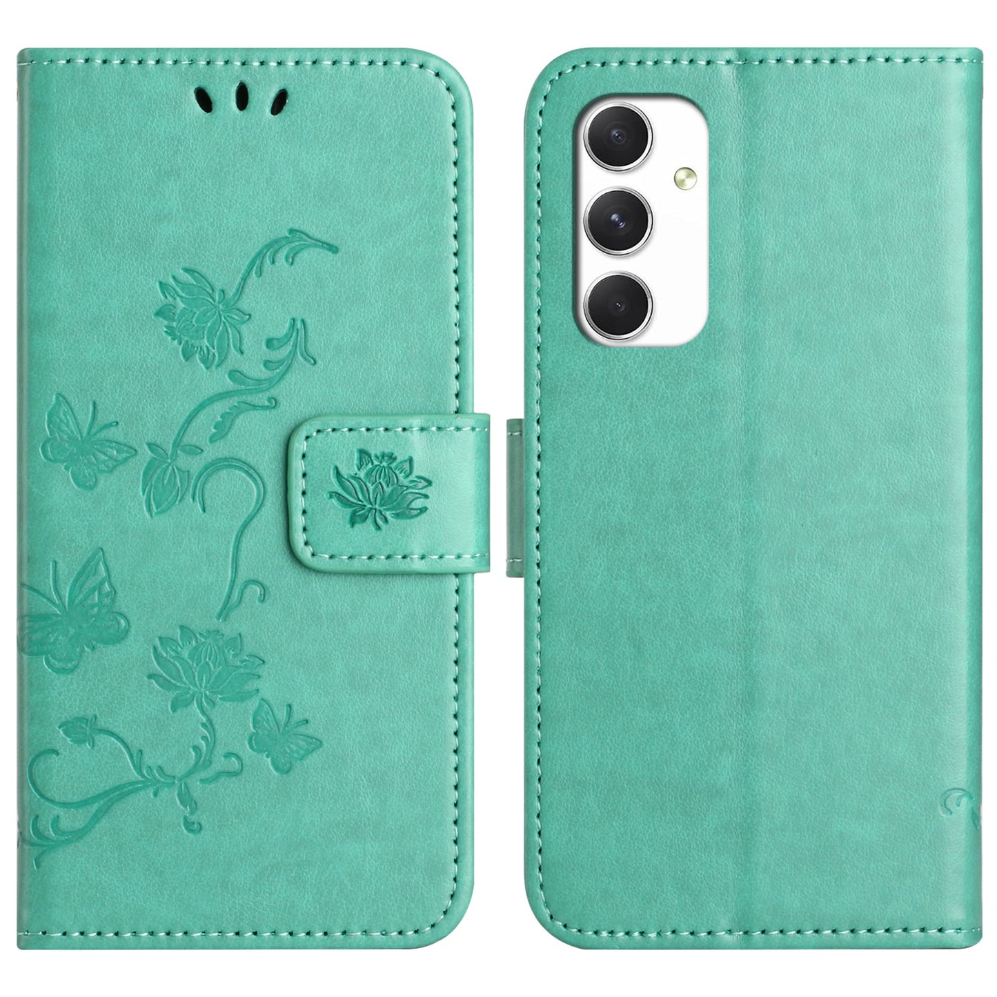 For Samsung Galaxy A16 5G / A16 4G Case Wallet Stand Imprinted Butterfly Flower PU Leather Phone Cover - Cyan