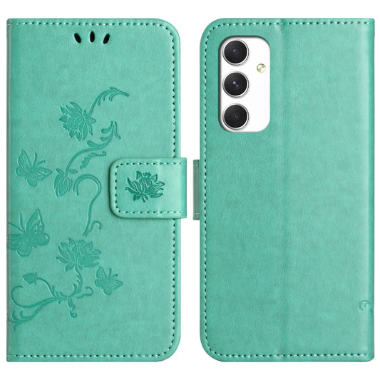 For Samsung Galaxy A16 5G / A16 4G Case Wallet Stand Imprinted Butterfly Flower PU Leather Phone Cover - Cyan