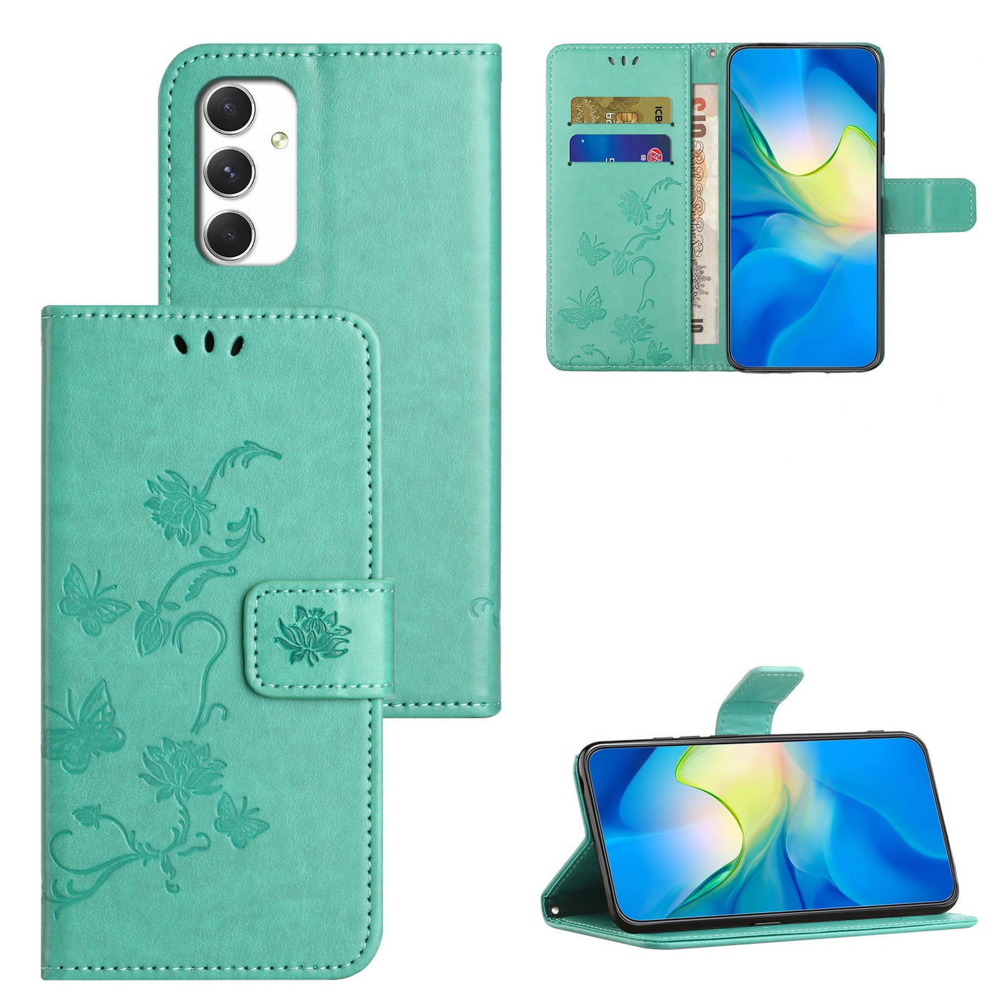 For Samsung Galaxy A16 5G / A16 4G Case Wallet Stand Imprinted Butterfly Flower PU Leather Phone Cover - Cyan