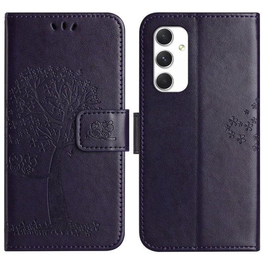 For Samsung Galaxy A16 5G / A16 4G Case PU Leather Owl Tree Imprinted Wallet Phone Cover - Dark Purple