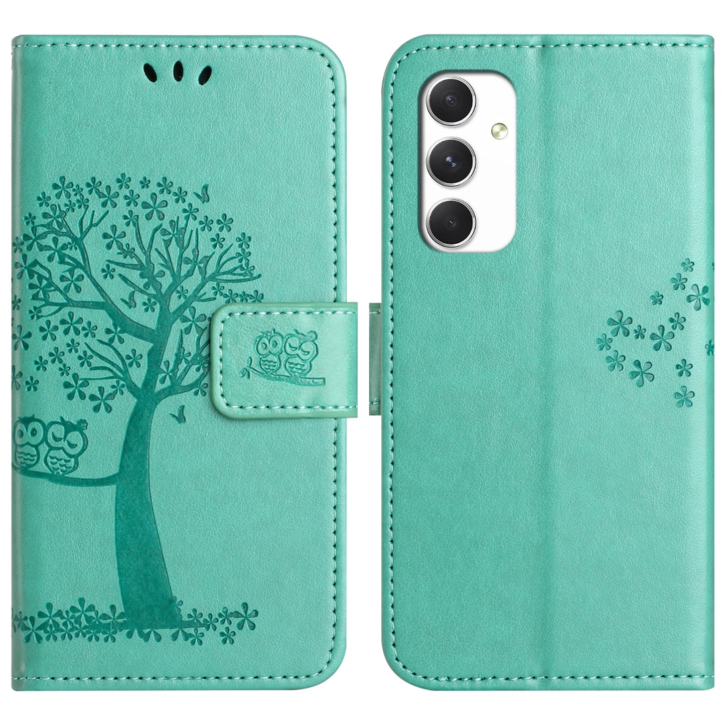 For Samsung Galaxy A16 5G / A16 4G Case PU Leather Owl Tree Imprinted Wallet Phone Cover - Cyan