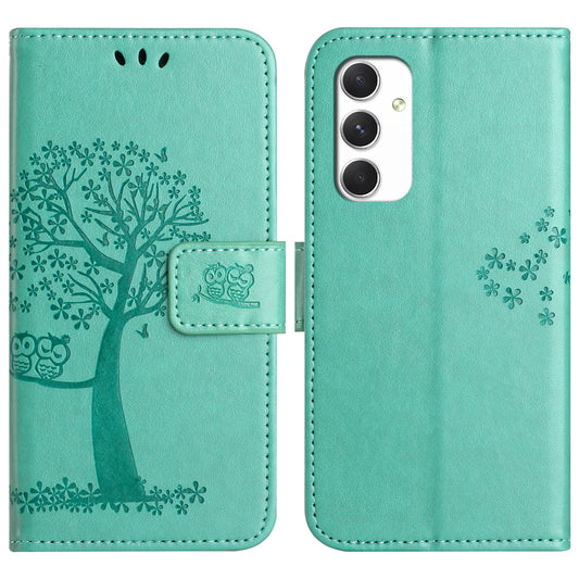 For Samsung Galaxy A16 5G / A16 4G Case PU Leather Owl Tree Imprinted Wallet Phone Cover - Cyan