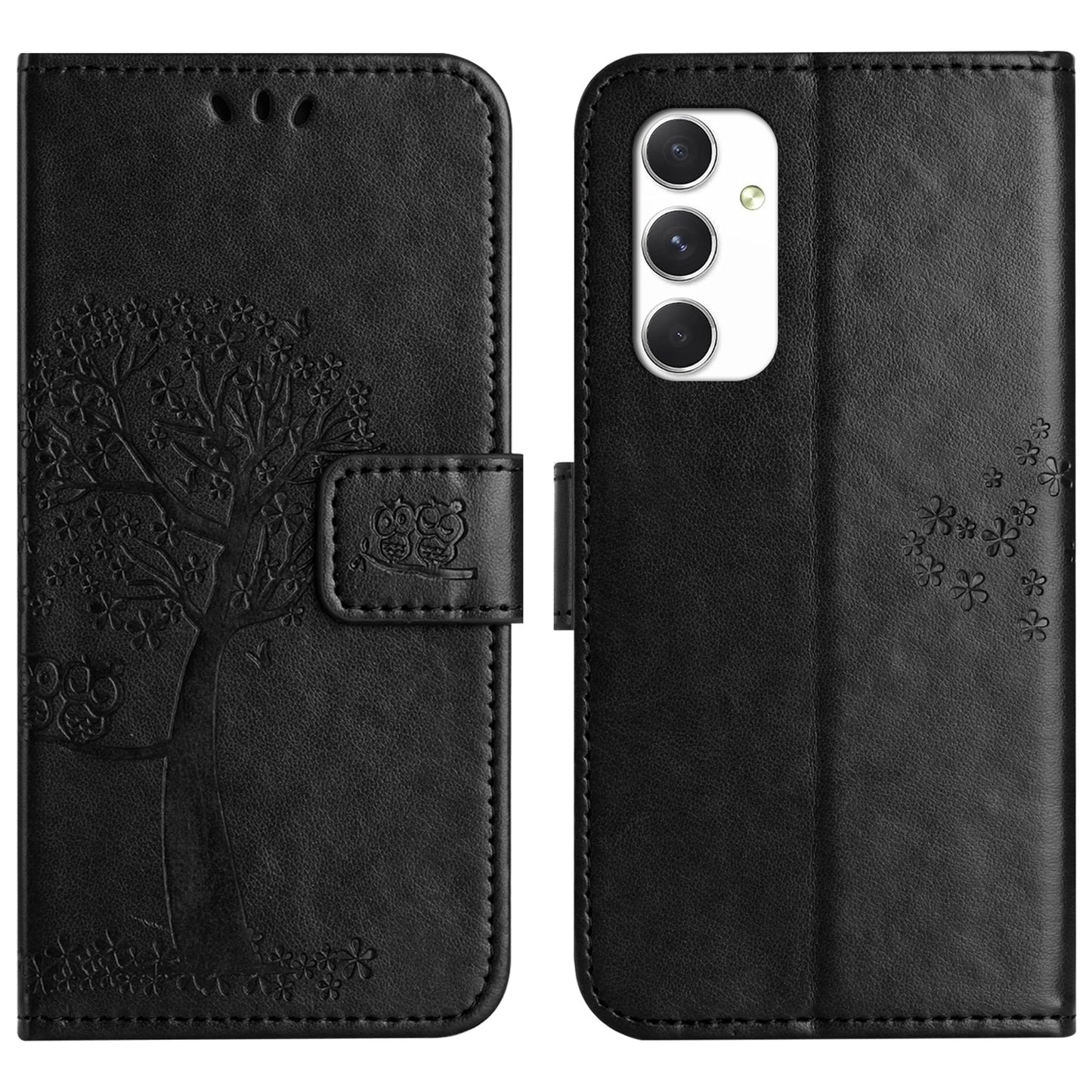For Samsung Galaxy A16 5G / A16 4G Case PU Leather Owl Tree Imprinted Wallet Phone Cover - Black