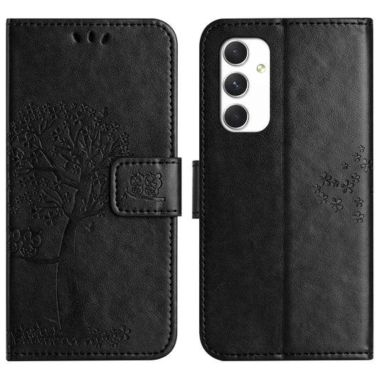 For Samsung Galaxy A16 5G / A16 4G Case PU Leather Owl Tree Imprinted Wallet Phone Cover - Black