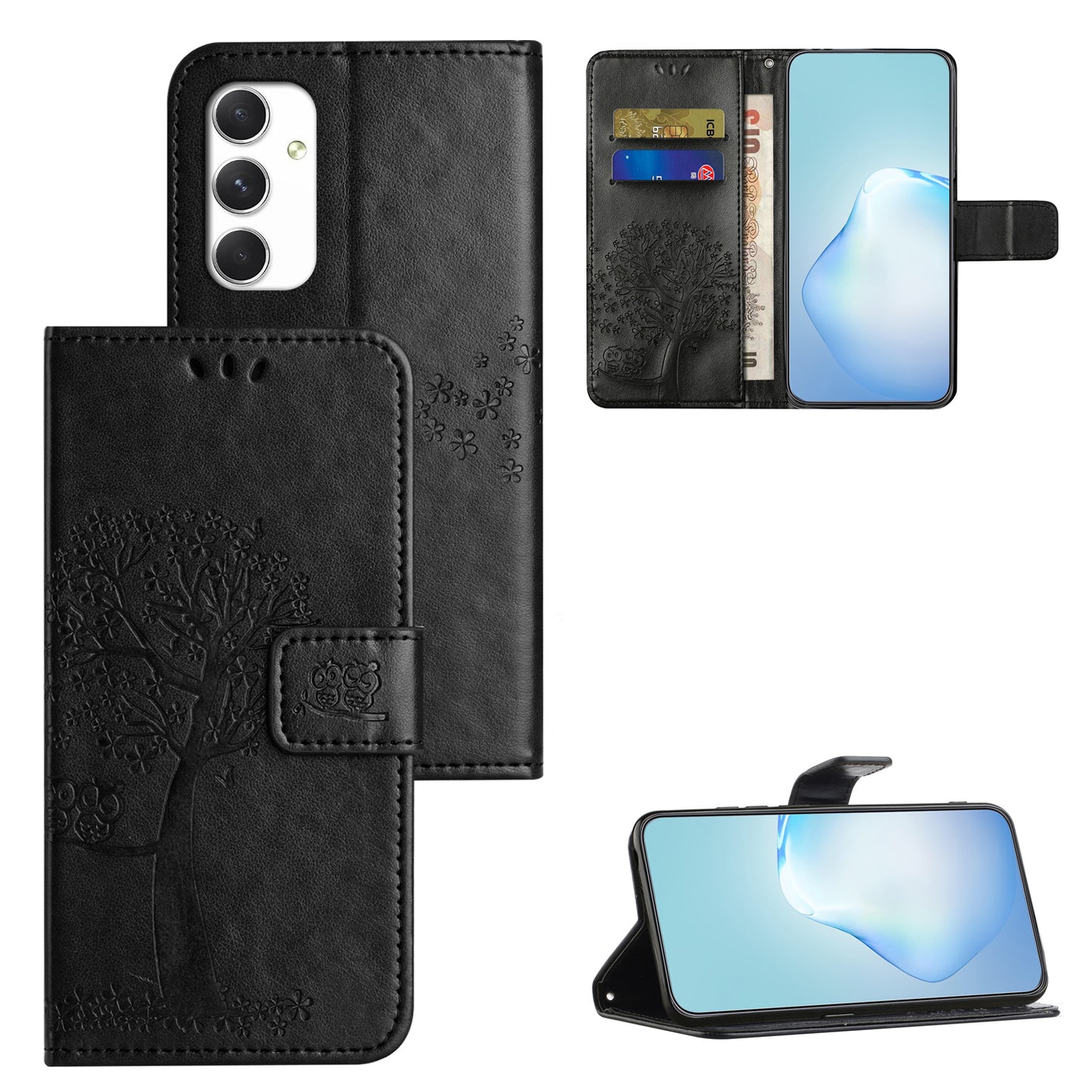 For Samsung Galaxy A16 5G / A16 4G Case PU Leather Owl Tree Imprinted Wallet Phone Cover - Black