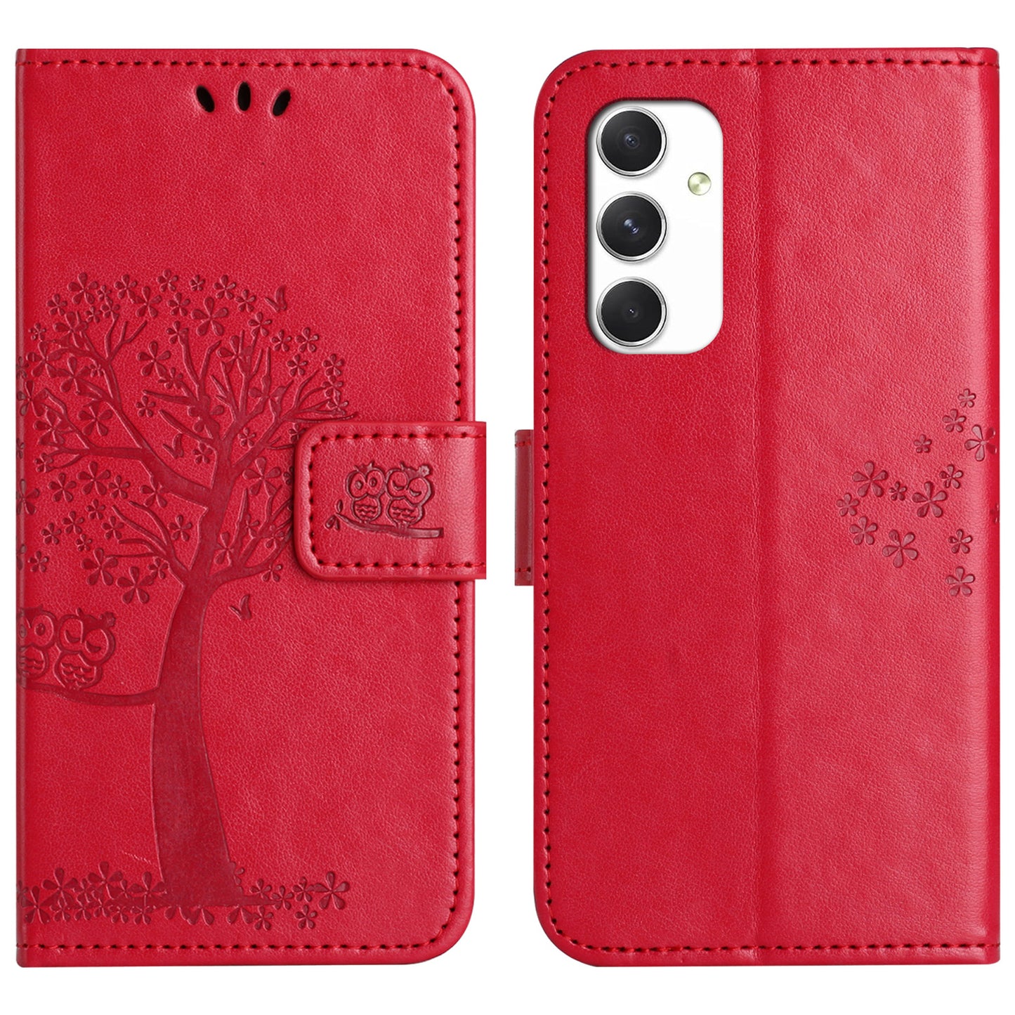 For Samsung Galaxy A16 5G / A16 4G Case PU Leather Owl Tree Imprinted Wallet Phone Cover - Red