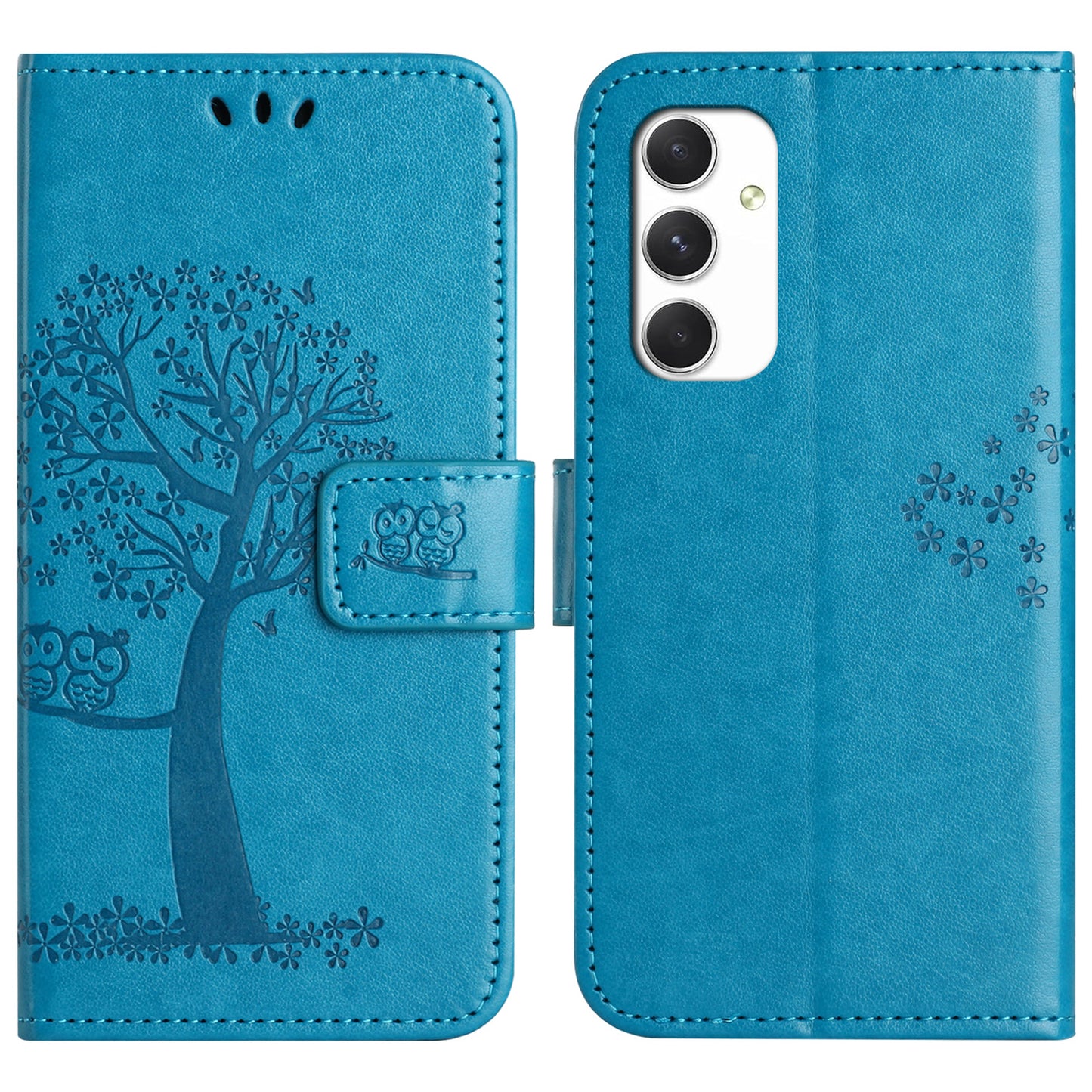 For Samsung Galaxy A16 5G / A16 4G Case PU Leather Owl Tree Imprinted Wallet Phone Cover - Blue