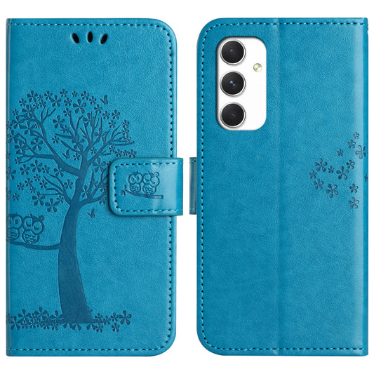 For Samsung Galaxy A16 5G / A16 4G Case PU Leather Owl Tree Imprinted Wallet Phone Cover - Blue