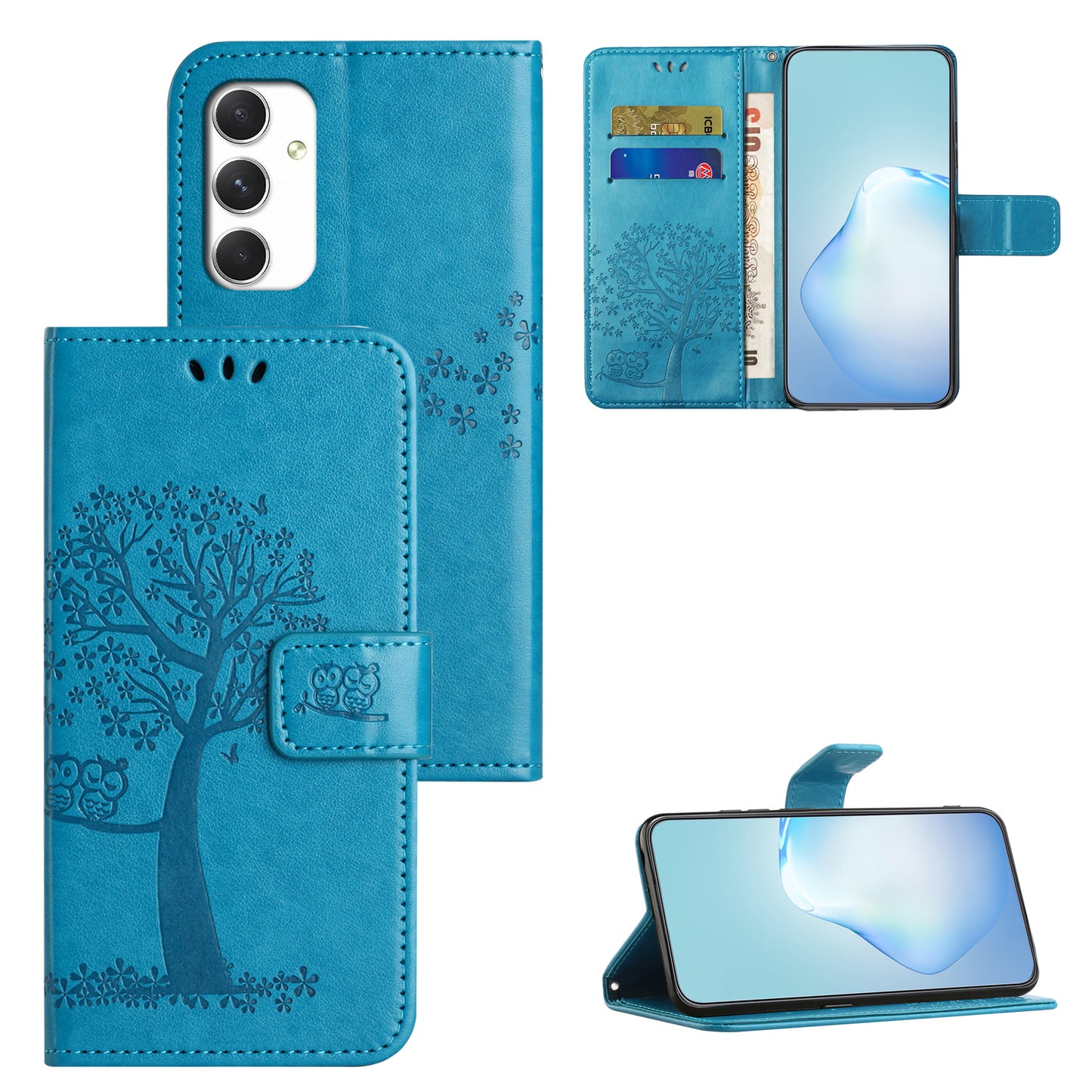 For Samsung Galaxy A16 5G / A16 4G Case PU Leather Owl Tree Imprinted Wallet Phone Cover - Blue