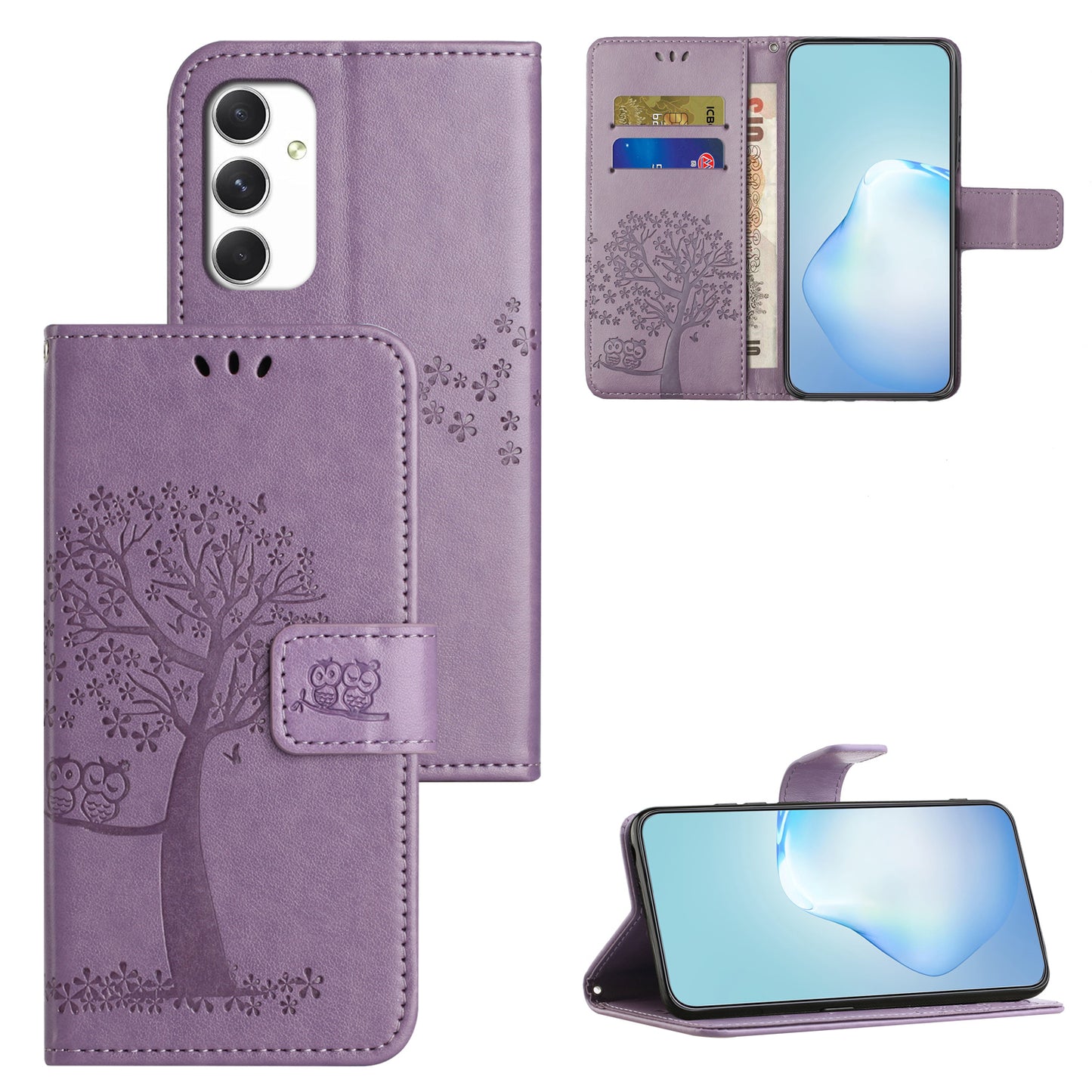 For Samsung Galaxy A16 5G / A16 4G Case PU Leather Owl Tree Imprinted Wallet Phone Cover - Purple