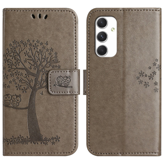 For Samsung Galaxy A16 5G / A16 4G Case PU Leather Owl Tree Imprinted Wallet Phone Cover - Grey