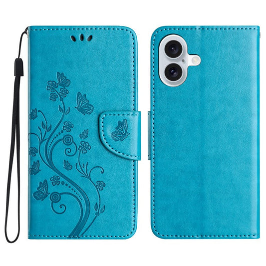 For iPhone 16 Plus Leather Case Butterflies Flower Pattern Wallet Stand Phone Cover - Blue