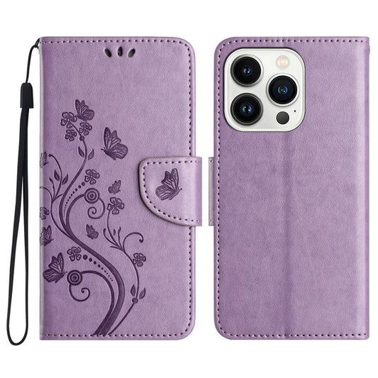 For iPhone 16 Pro Leather Case Butterflies Flower Pattern Wallet Stand Phone Cover - Purple