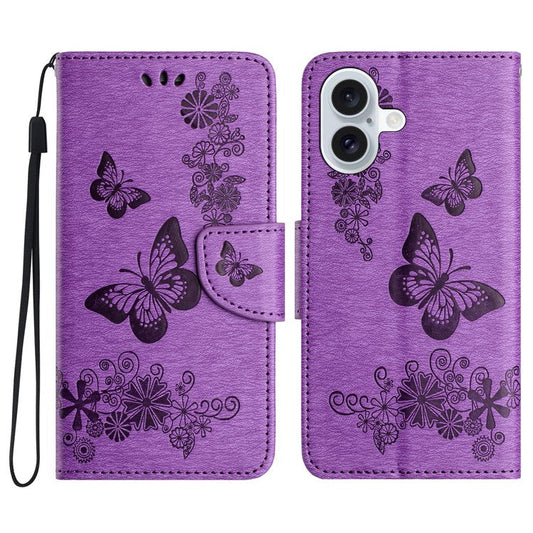 For iPhone 16 Plus Case Butterflies Flower Leather Wallet Flip Phone Cover - Purple