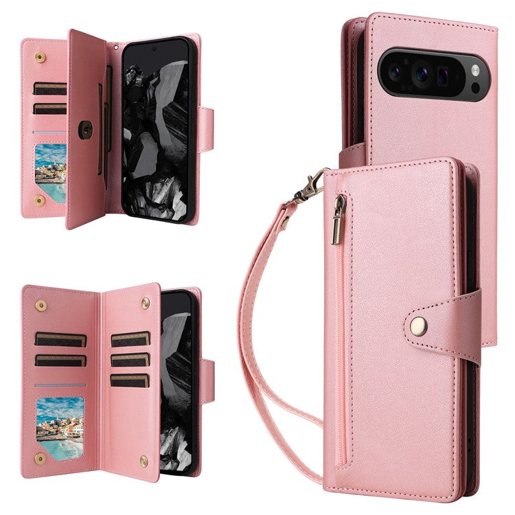 For Google Pixel 9 Pro Case Zipper Wallet Leather Stand Phone Cover Rivet Decor - Rose Gold