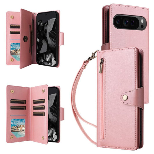 For Google Pixel 9 Pro Case Zipper Wallet Leather Stand Phone Cover Rivet Decor - Rose Gold
