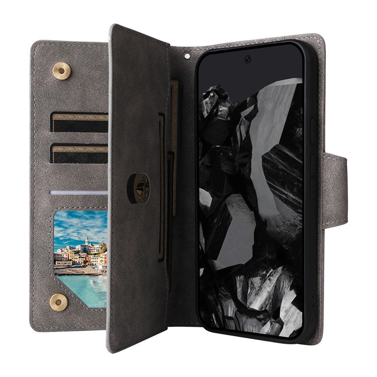 For Google Pixel 9 Pro Case Zipper Wallet Leather Stand Phone Cover Rivet Decor - Grey