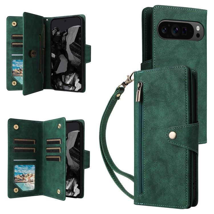 For Google Pixel 9 Pro Case Zipper Wallet Leather Stand Phone Cover Rivet Decor - Green