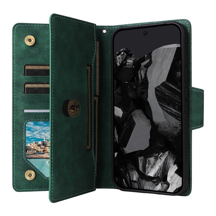 For Google Pixel 9 Pro Case Zipper Wallet Leather Stand Phone Cover Rivet Decor - Green