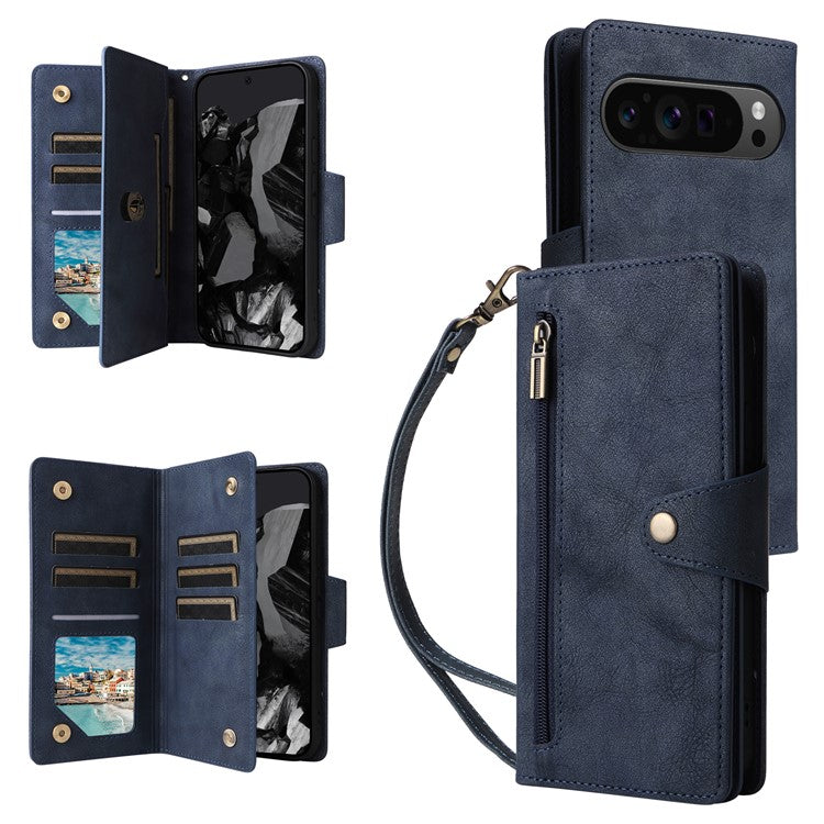 For Google Pixel 9 Pro Case Zipper Wallet Leather Stand Phone Cover Rivet Decor - Blue