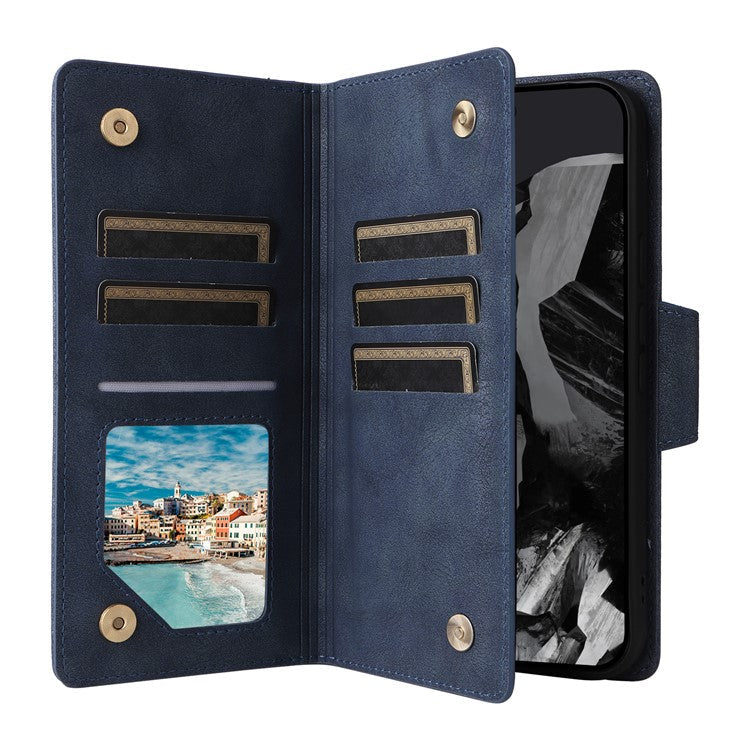 For Google Pixel 9 Pro Case Zipper Wallet Leather Stand Phone Cover Rivet Decor - Blue